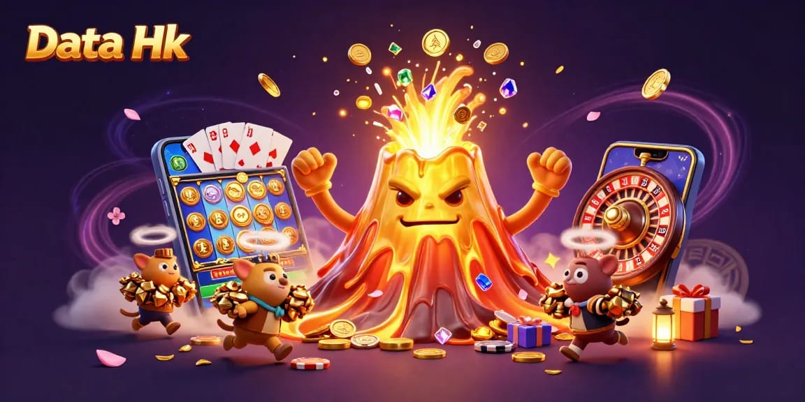 Spin the reels of Data Hk's slot game amid a treasure-filled, erupting volcano scene.