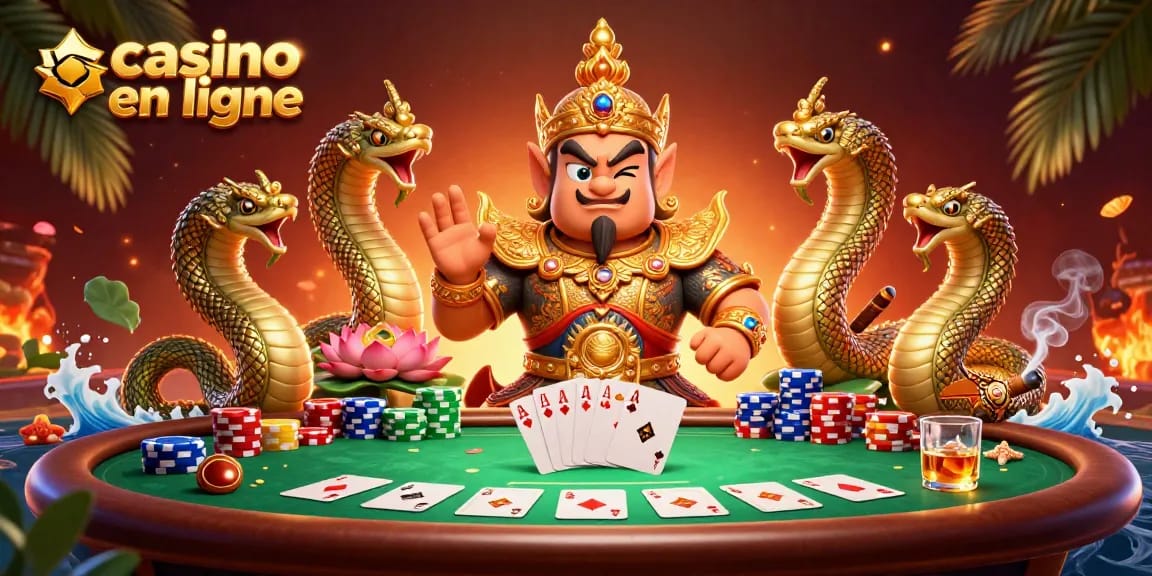Illustration dynamique captivante de personnages de casino en ligne avec jeux de cartes et jetons colorés.