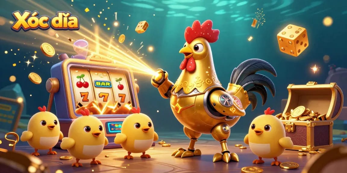 Xóc đĩa illustrates a golden rooster robot and chick drones amidst a jackpot explosion, enhancing gaming excitement.