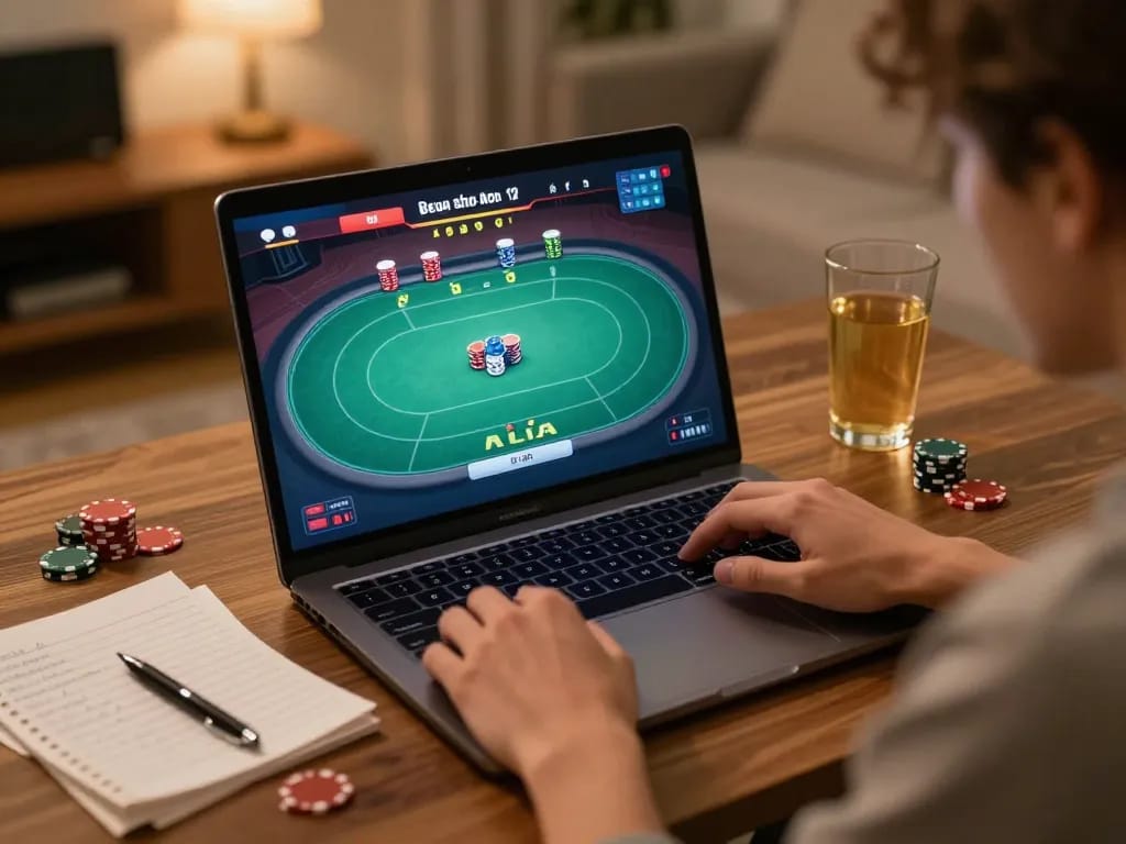 Player strategizing for Vmax ok poker game on laptop at home.