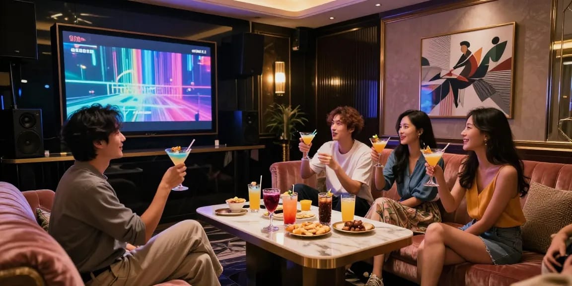 강남 가라오케에서 친구들과 함께 즐기는 고급스러운 노래방 장면