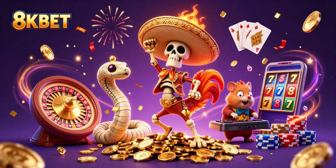 Experience the thrill of 8KBET with vibrant characters and casino elements celebrating winnings.