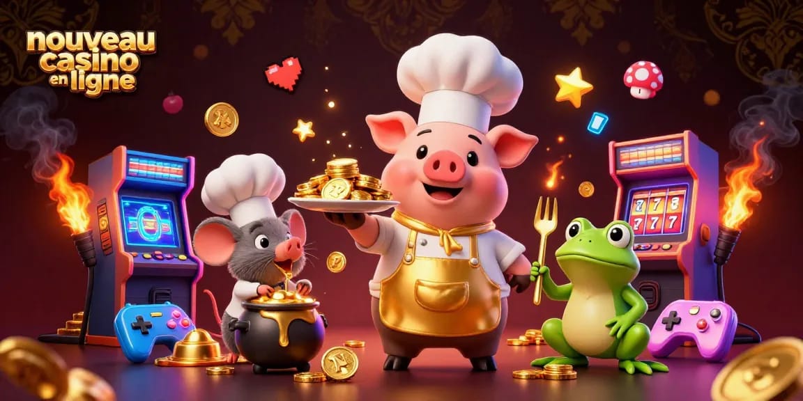 Interagissez avec la scène des nouveaux casinos en ligne mettant en vedette un cochon chef et une souris sous-chef présentant des pièces d'or pour les joueurs.