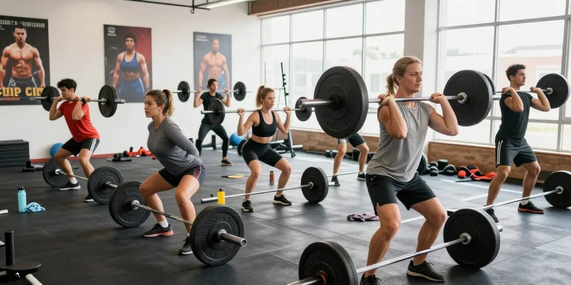 Aktive Bodybuilder im Steroidshop beim Gewichtheben in modernem Fitnessstudio