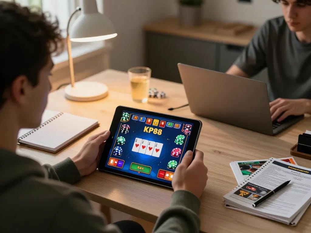 Engaged player experiencing KP88 online casino gameplay on a tablet at home.