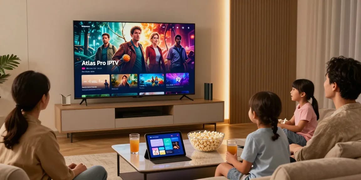 Family enjoying Atlas Pro IPTV streaming on smart TV, cozy living room ambiance.