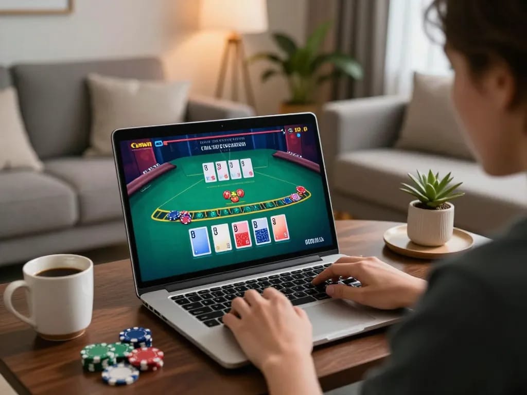 Player engaging in an interactive LLwin blackjack game from a cozy living room.