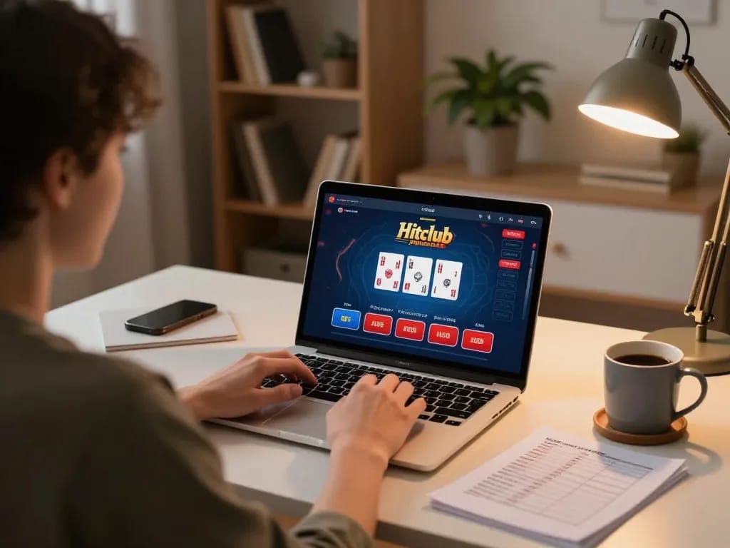 Engaging with Hitclub online casino on laptop, showcasing responsible gaming environment.