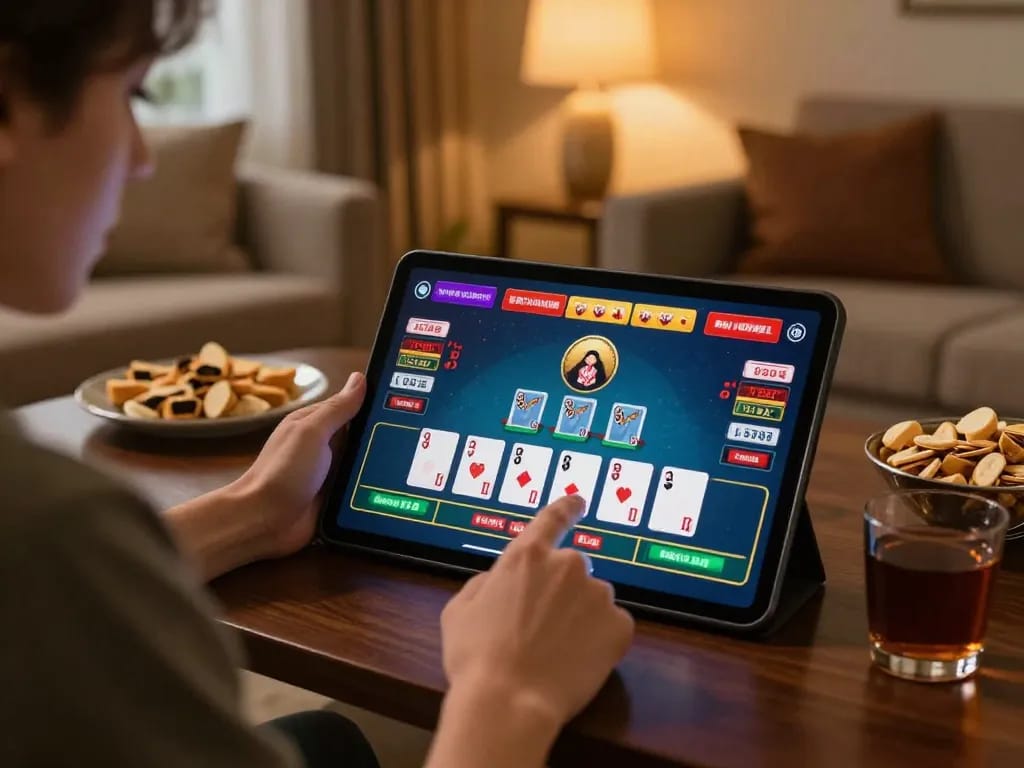Engaging in live blackjack on a tablet at 888newcasino com, showcasing a cozy home gaming experience