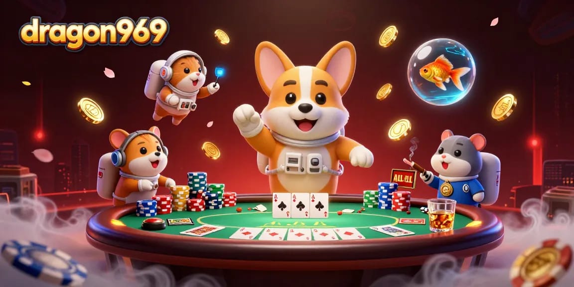 Experience gaming thrills with dragon969 in a vibrant, cosmic casino scene enriched with poker elements.