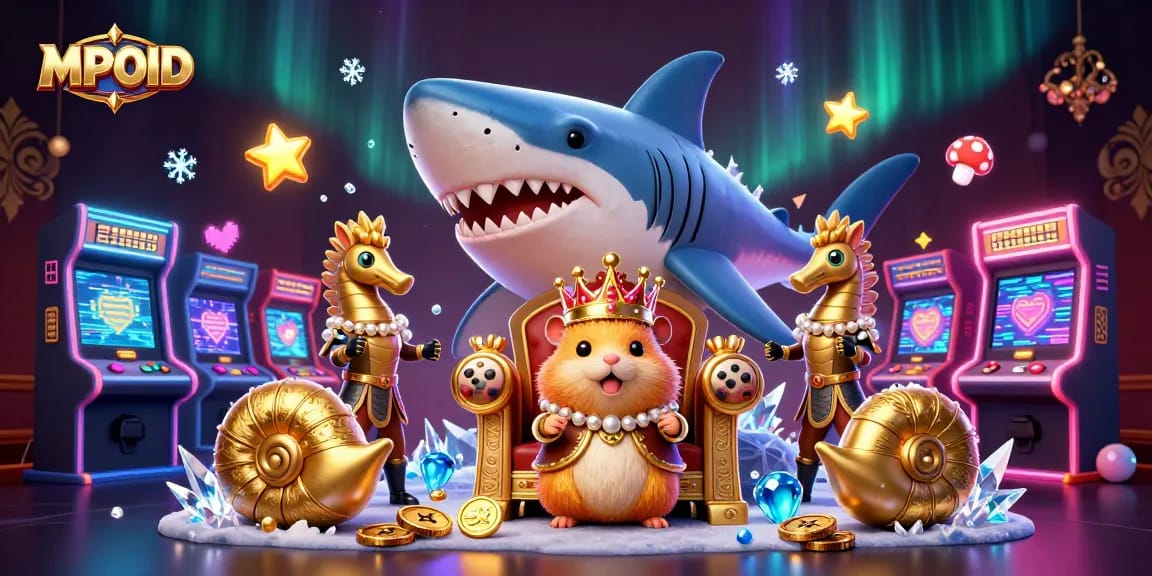 Experience thrilling gaming at MPOID with a golden hamster king in a vibrant casino scene.