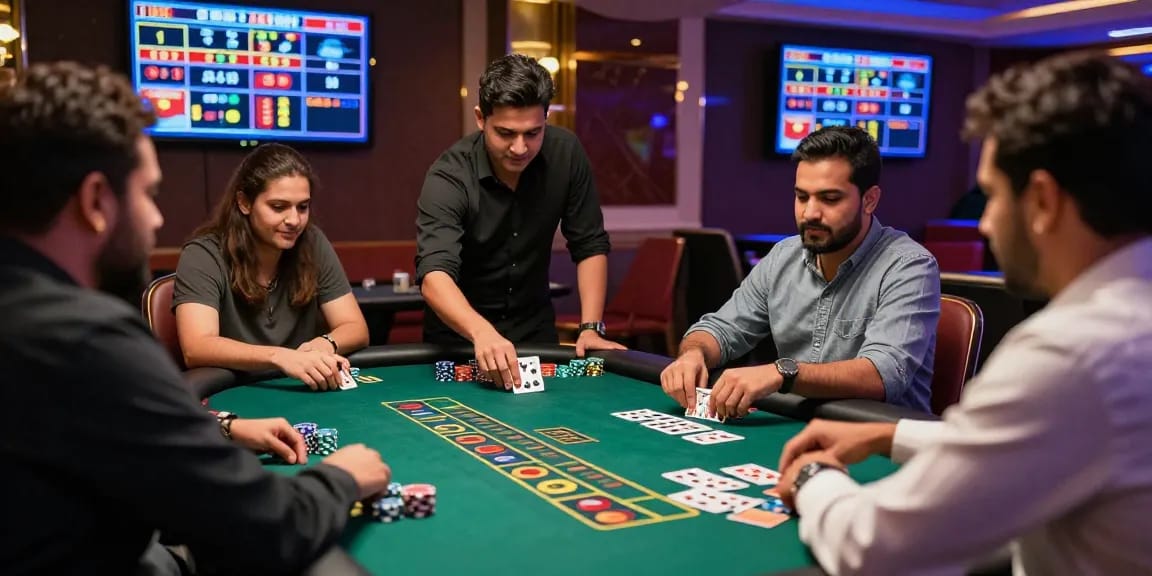 Exciting Andar Bahar casino game scene with players and dealer in action.
