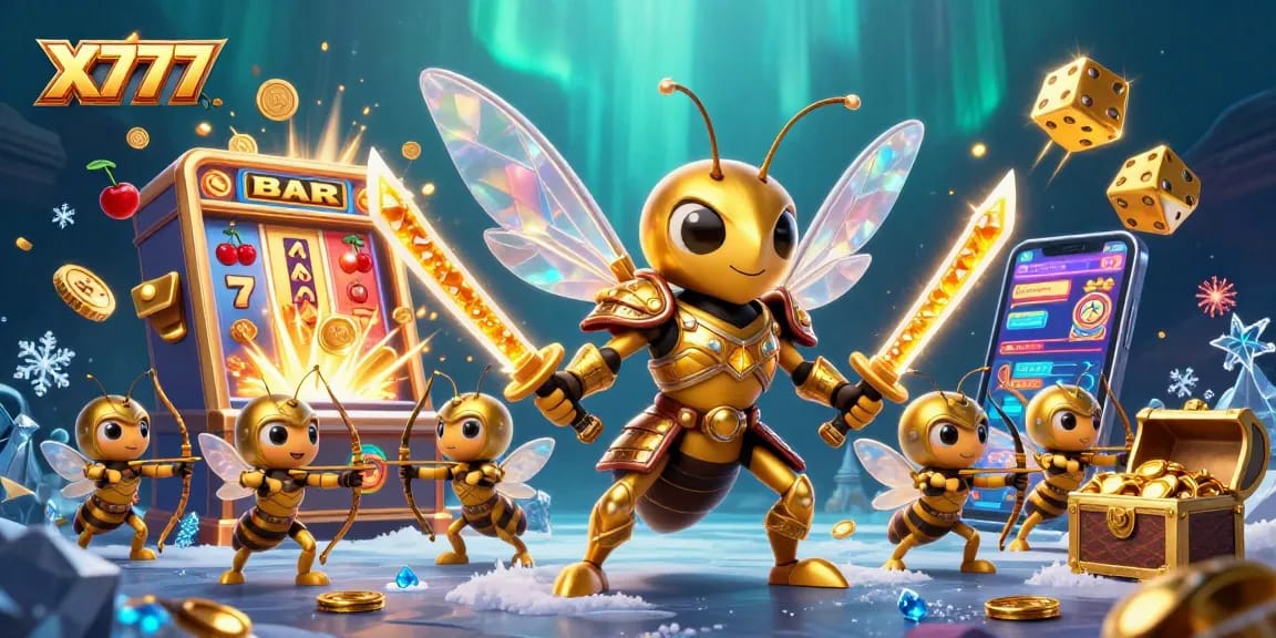 X777 showcases a vibrant casino scene with bee warriors amidst slot machines and dynamic colorful elements.