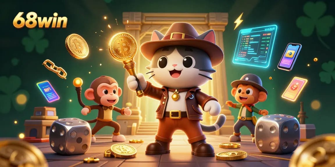 Experience thrilling gaming action at 68win with a treasure-hunting cat explorer and vibrant crypto elements.