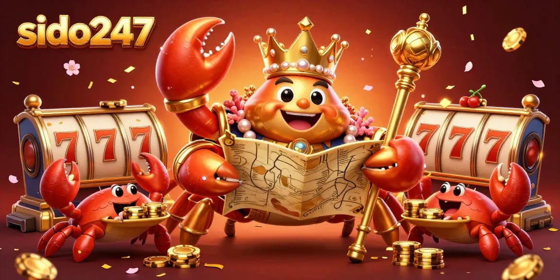 Join the excitement with sido247's golden crab emperor in a vibrant casino scene filled with winning elements.