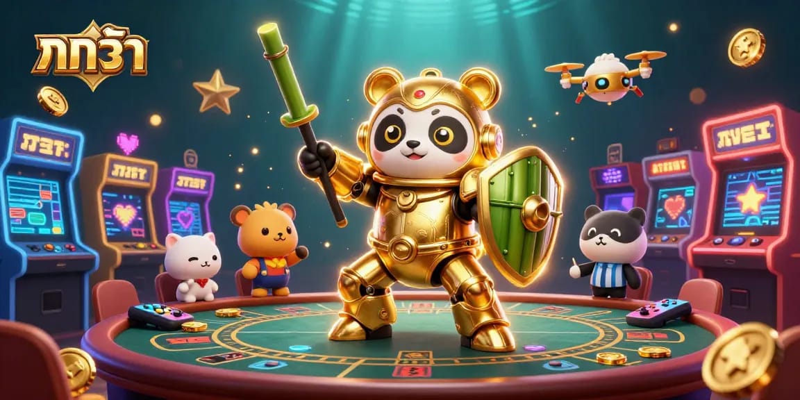 Experience baccarat with vibrant casino elements featuring a mech-suit panda and exciting gameplay dynamics.