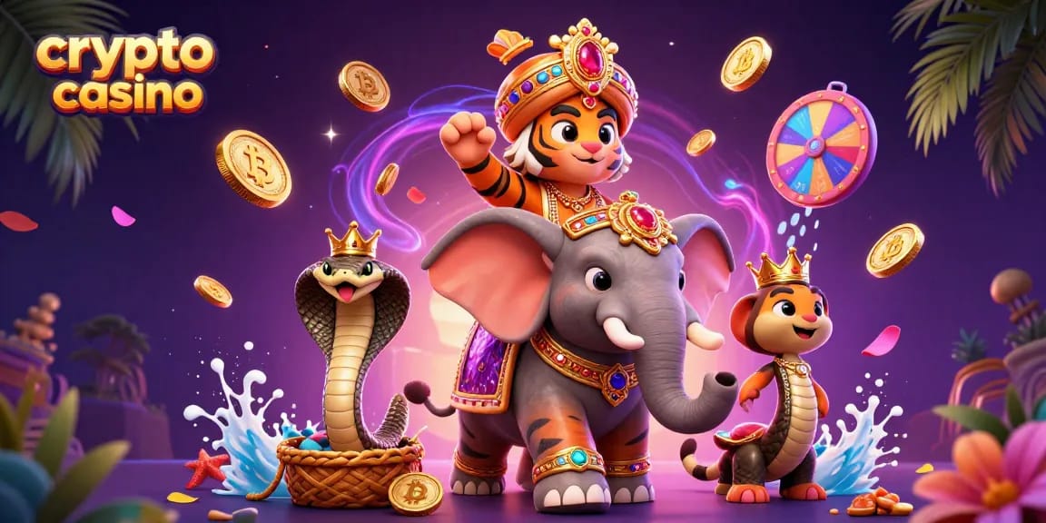 Disfruta de la emoción de un crypto casino con un tigre maharaja y elementos de juego vibrantes.