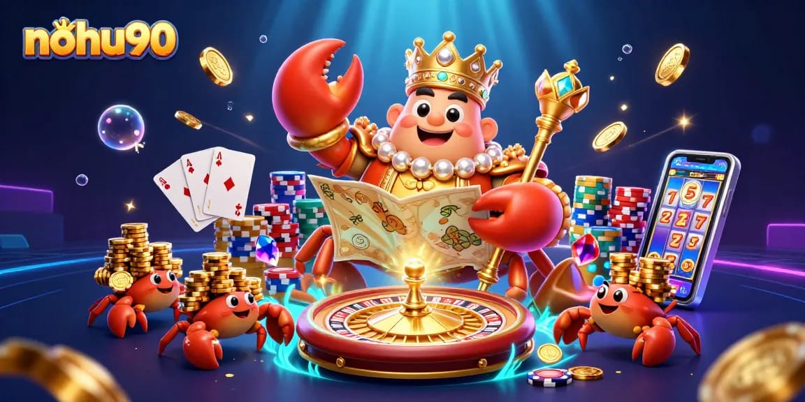 Experience the excitement at nohu90 with a majestic crab emperor amidst dazzling casino games and treasures.