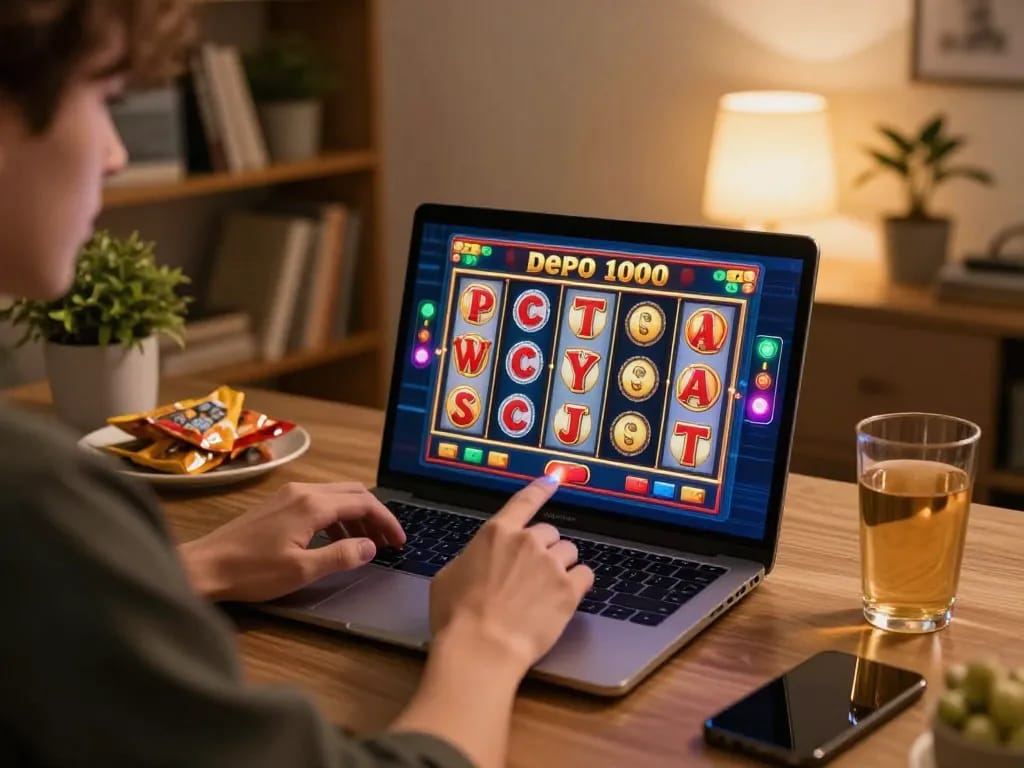 Engaging in slot depo 1000 games from a cozy home workspace while enjoying snacks.