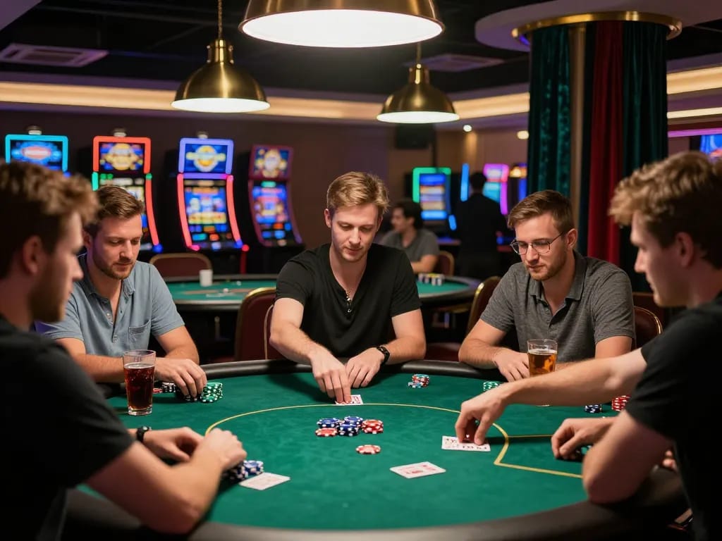 Players engaging in an exciting poker game at an upscale casino table, showcasing mb 66 strategy and action.