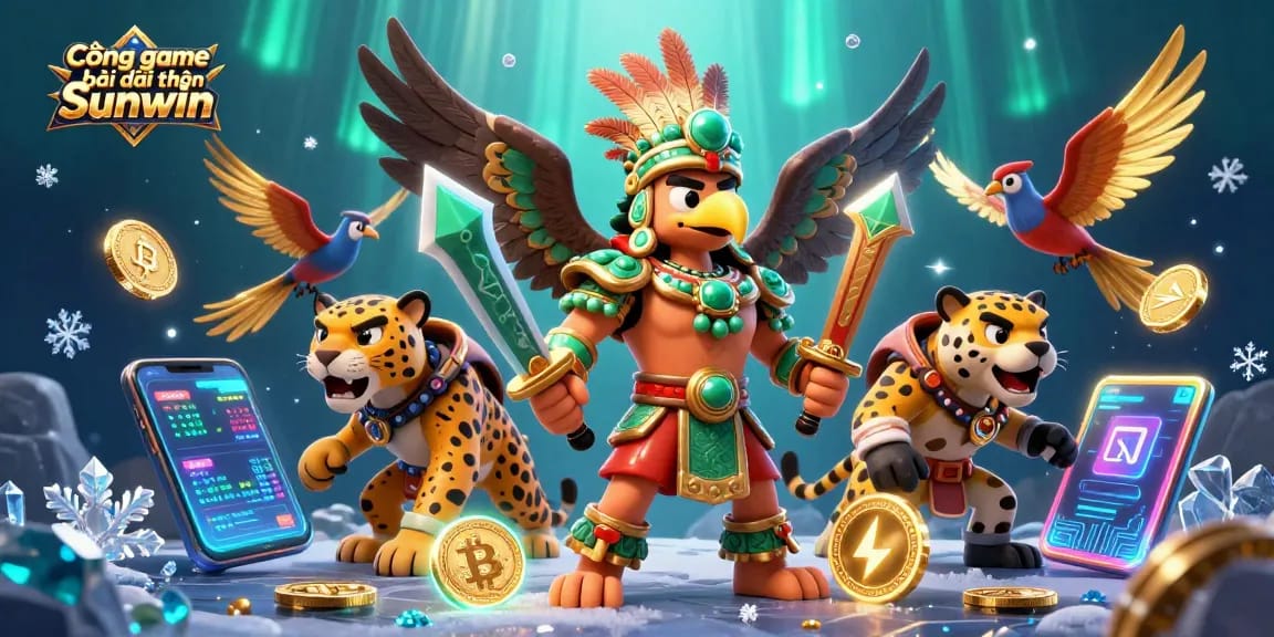 Cổng game bài đổi thưởng Sunwin features a vibrant 3D scene with Aztec warriors and crypto elements energizing the gaming experience.