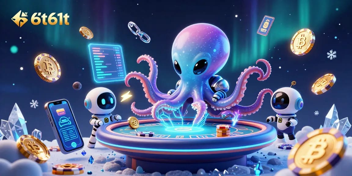 Jogando com fichas de poker em uma cena de casino virtual 61t61t com um polvo alienígena.