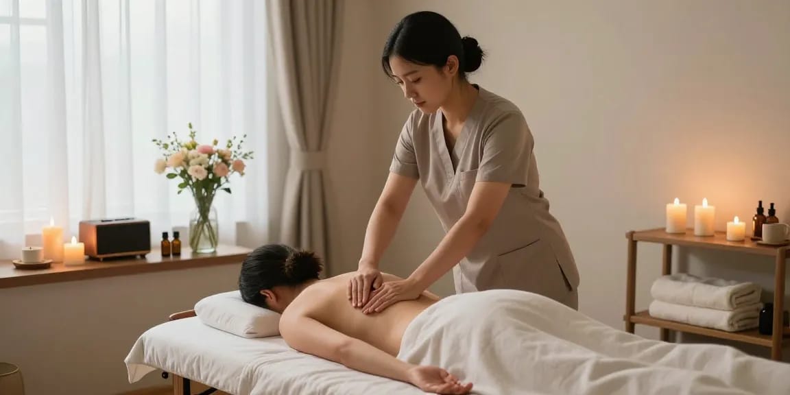 강남마사지와 안락한 마사지를 위한 아늑한 공간에서 전문 테라피스트가 고객에게 스웨디시 마사지를 제공하는 모습