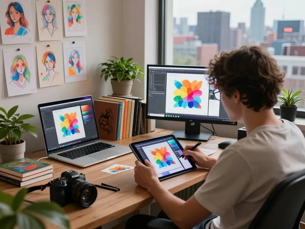 Artist using image to prompt generator in a vibrant digital workspace with AI models.