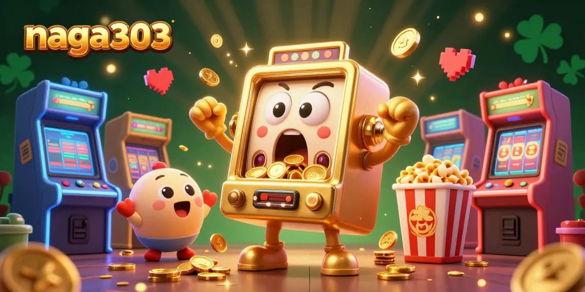 Naga303 slot machine hits the jackpot, coins flying, in an exciting casino scene.
