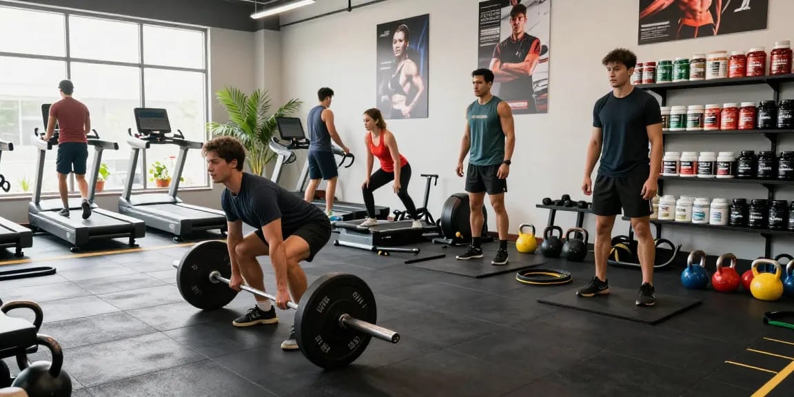 Energetic gym scene showcasing individuals training with Driada Shop supplements