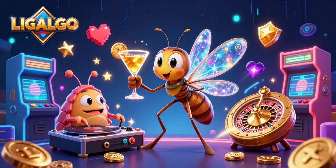 LIGALGO features a dynamic casino mascot scene with a frozen mosquito, trilobite DJ, and golden roulette wheel.