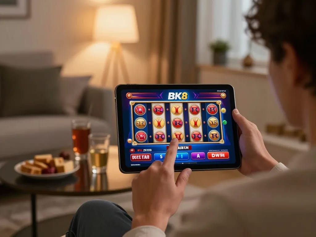 Playing BK8 online casino on a tablet with vibrant slot reels in cozy home setup