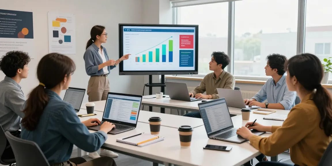 Group of students analyzing campaign performance analytics in a vibrant classroom setting.