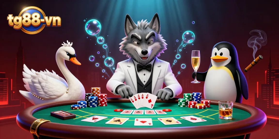 Experience the thrilling ambiance of tg88-vn with a debonair wolf and dealer swan at a baccarat table.