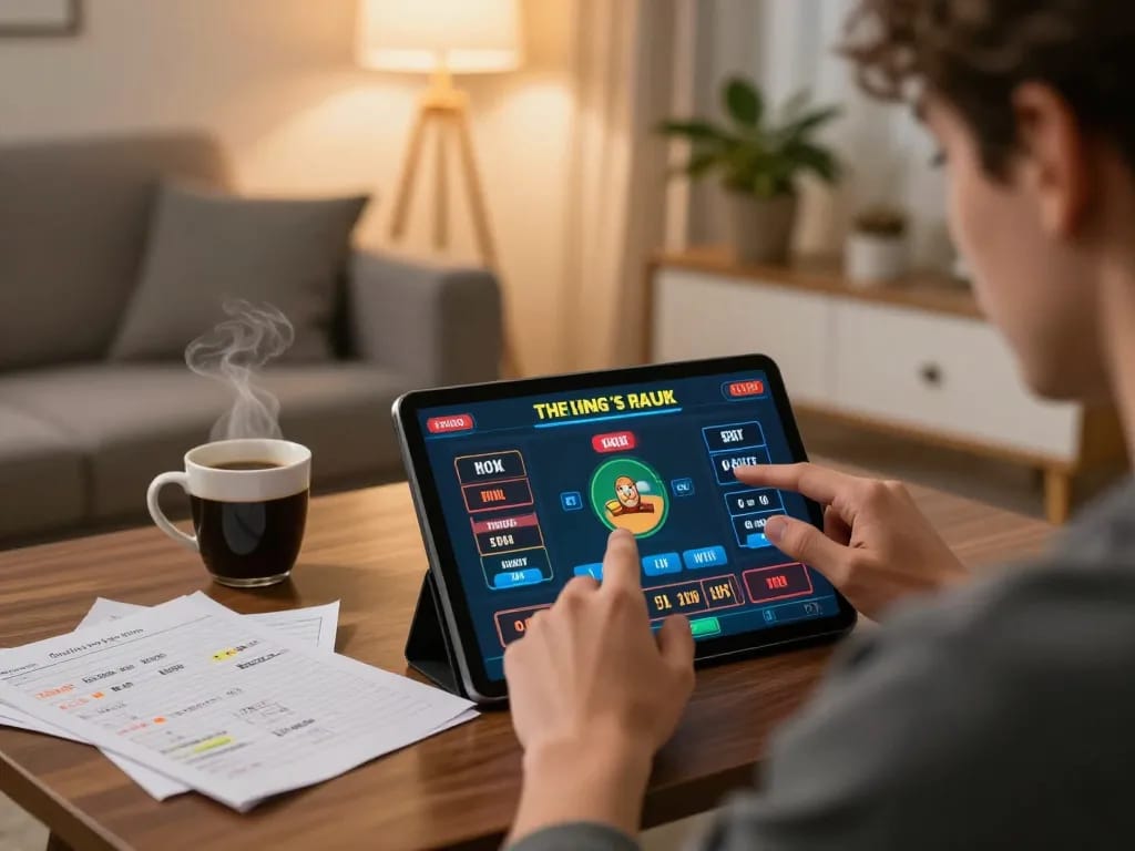 Engaged player strategizing for the best widget store while using an online gambling platform on a tablet.