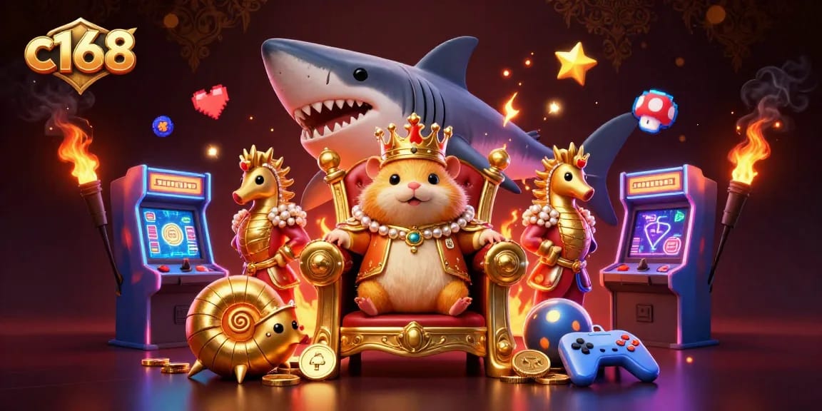 Engage with c168's thrilling gaming experience featuring a golden hamster king, arcade machines, and vibrant casino elements.