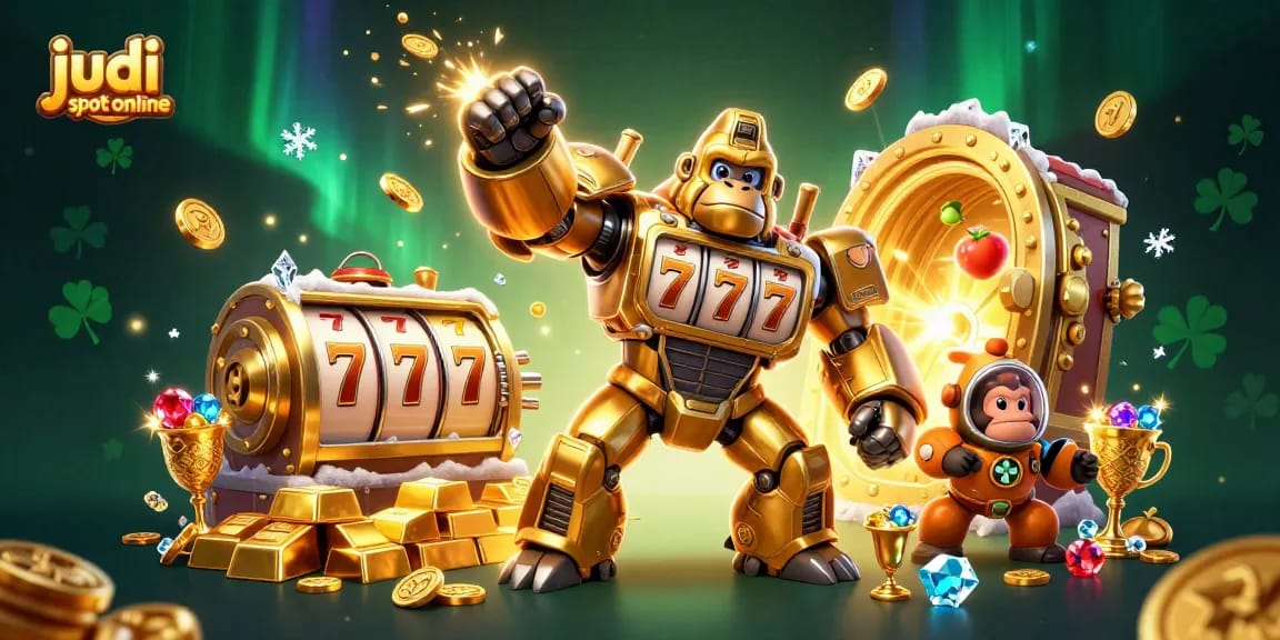 Menangkan judi slot online dengan gorilla emas dan elemen menyenangkan dalam ilustrasi 3D penuh warna.