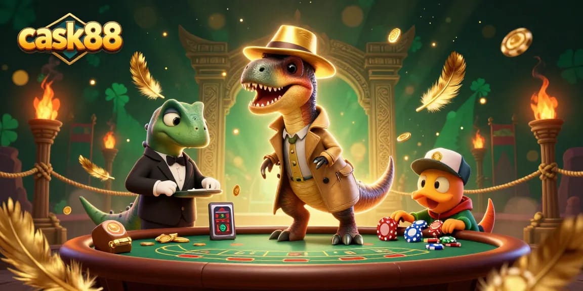 cask88 showcases playful casino scene with velociraptor card counter at blackjack table
