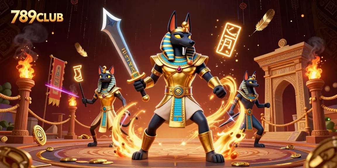Engage with 789CLUB through thrilling gameplay illustrated by an ancient warrior and cat amid vibrant gaming elements.
