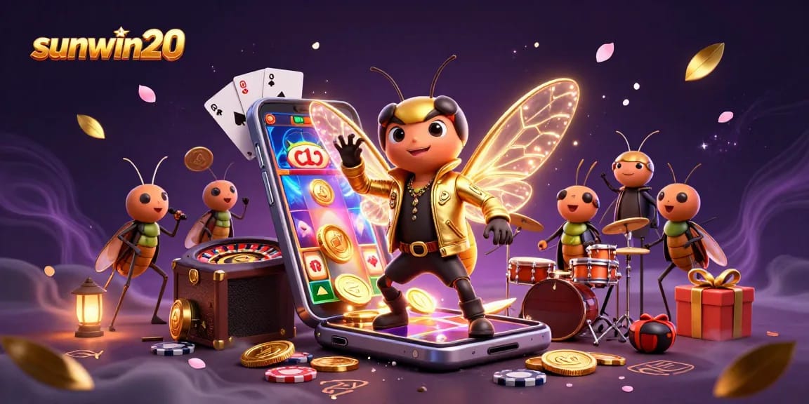 Engage with sunwin20 and its dynamic casino scene featuring a cartoon rock star and gaming elements.