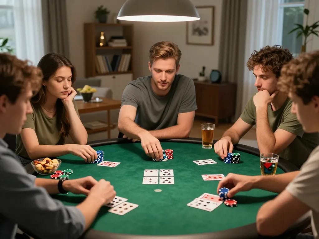 Friends engaging in an exciting white label casino poker game at home with chips and cards, fostering social interaction.