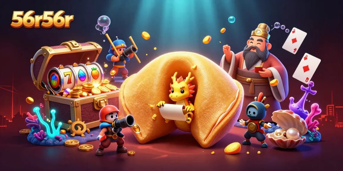 Experience winning with 56r56r's vibrant casino adventure featuring a giant golden fortune cookie.