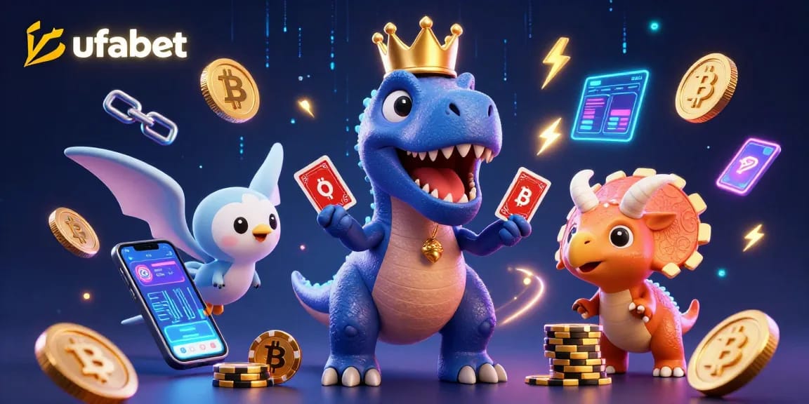 Experience intense action in ufabet's 3D illustration with a T-Rex playing cards and exciting elements!