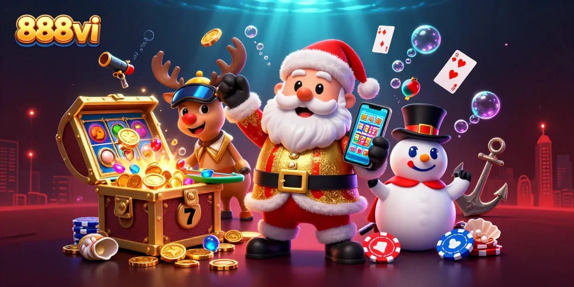 Spin the reels with 888vi in this vibrant casino scene featuring Santa and friends!