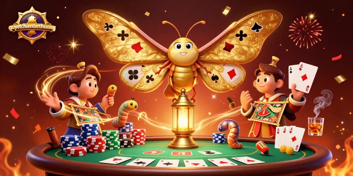 Experience the excitement of quyetchientienthuong as a vibrant moth guarded by poker classics reigns over a golden lantern.