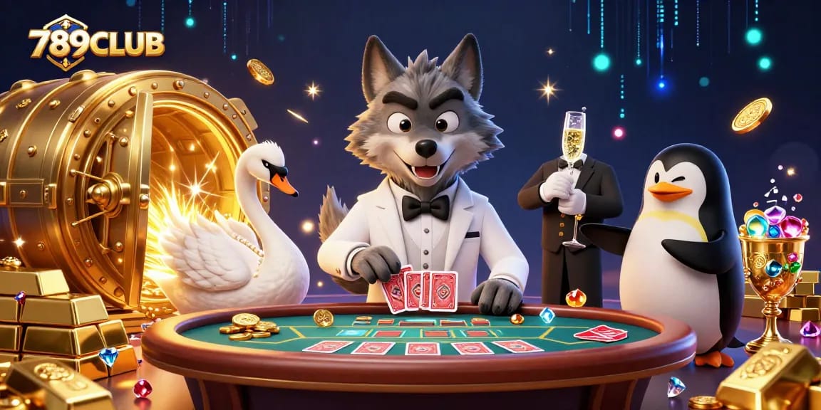 Experience the thrill of 789CLUB with a lively casino scene featuring a wolf dealer, swan card dealer, and a penguin presenting champagne.