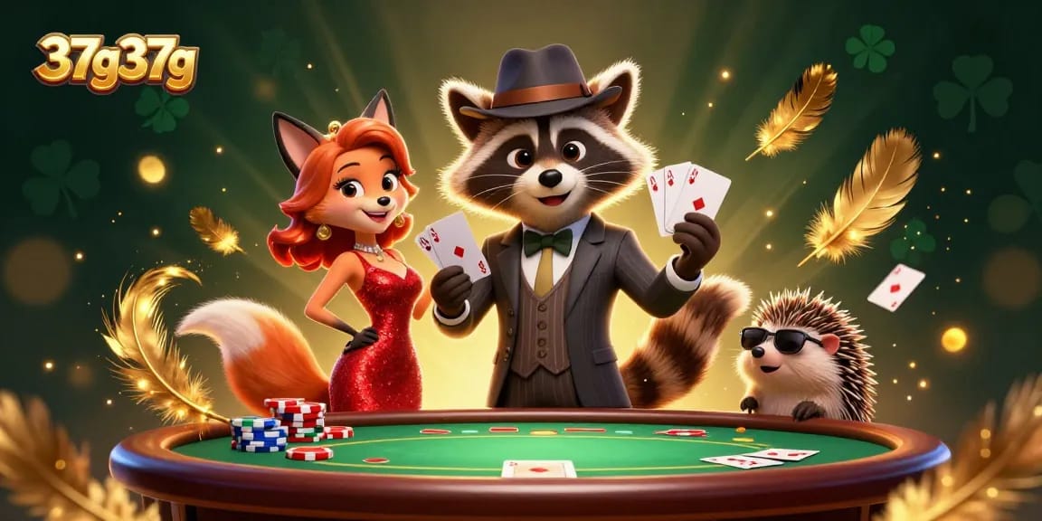 Engage with 37g37g's dynamic poker scene featuring a suave raccoon and charming companions.