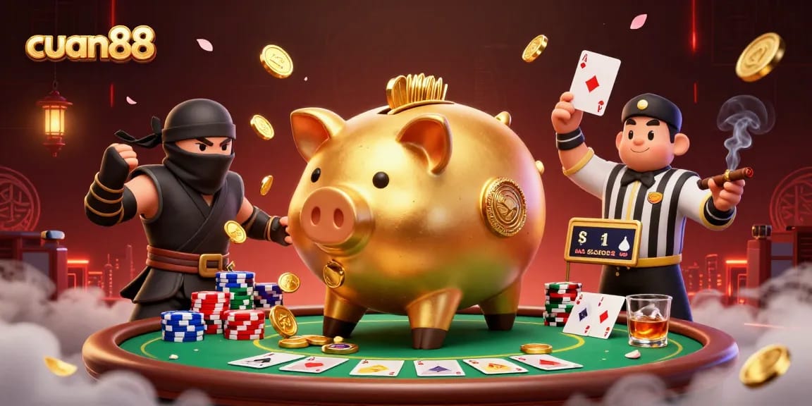 Gambarkan cuan88 dengan ilustrasi kasino digital yang menampilkan elemen permainan dan karakter unik.