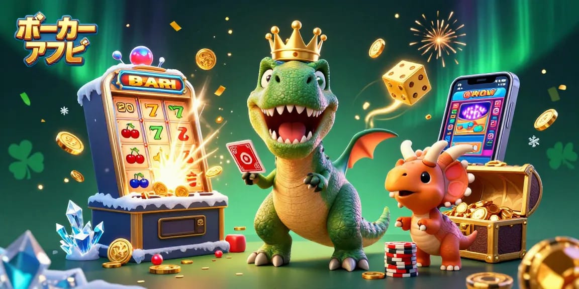 ポーカー アプリで楽しむカジノゲームのシーン。恐竜たちがカードを扱い、金のチップを積んでいる。