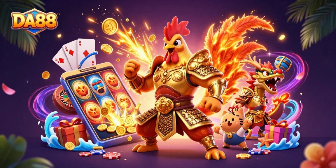 Engage with DA88's dynamic gaming world featuring a heroic rooster warrior and dragon in an animated casino scene.